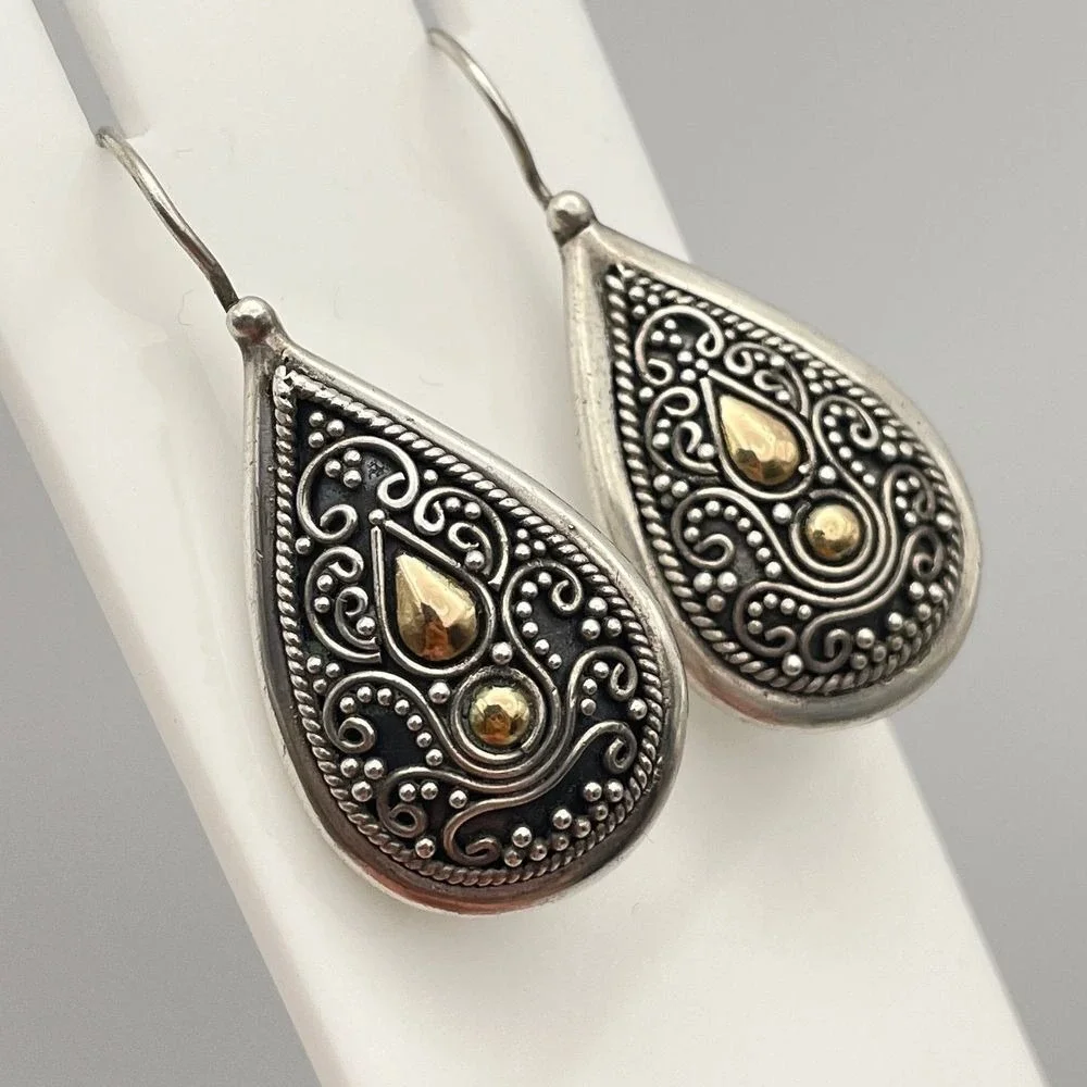 BA Suarti Sterling Silver 18K Gold Bali Teardrop Earrings Designer Balinese